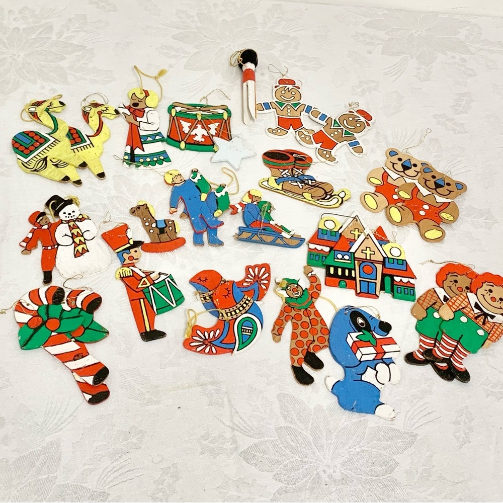 Hand Painted Wood Christmas Ornaments Vintage 70s 80s Large Lot